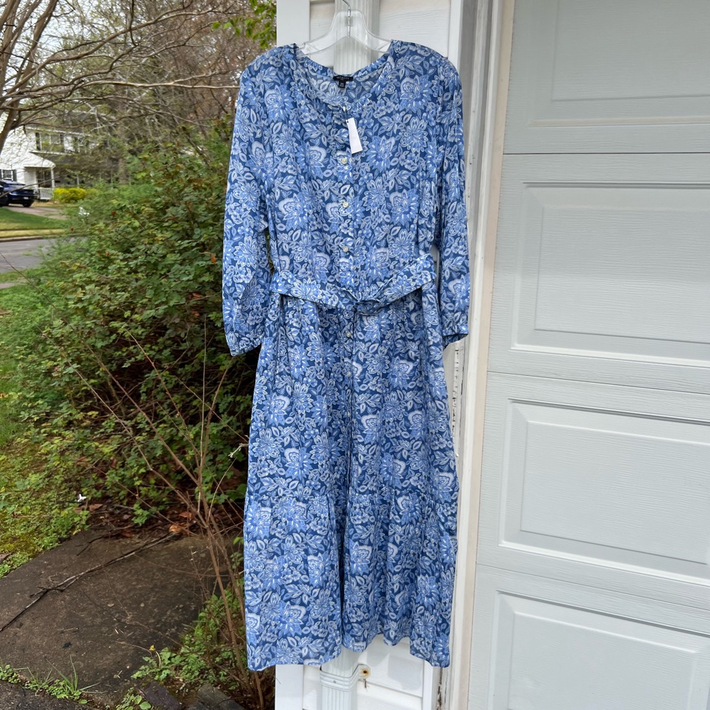 Nwt Talbots Pretty Blues White Floral Cotton Lined Skirt Belted Dress